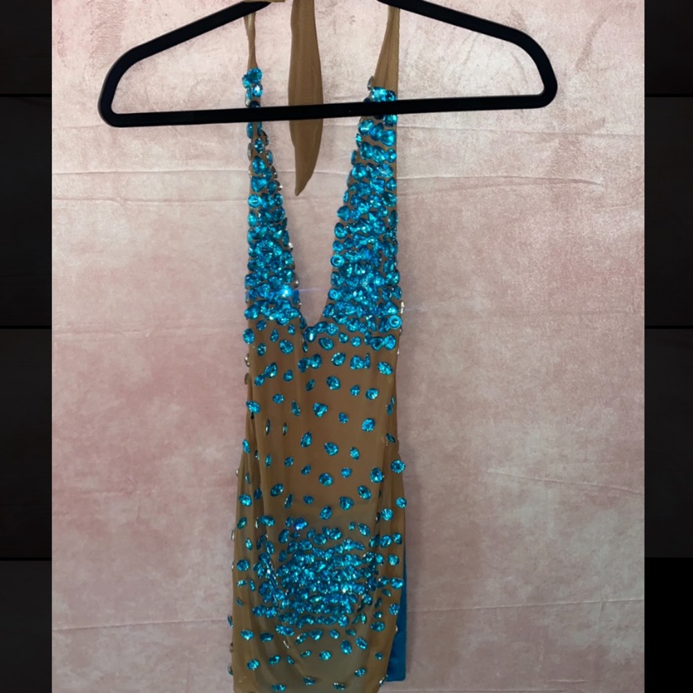 Blue rhinestone covered mini mesh dress!!